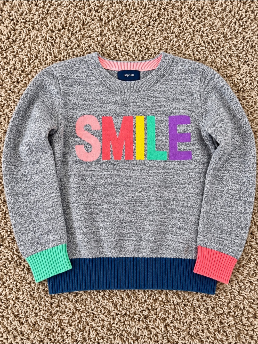 GAP Gray Sweater with Pink, Red, Yellow, Green & Purple 'SMILE'